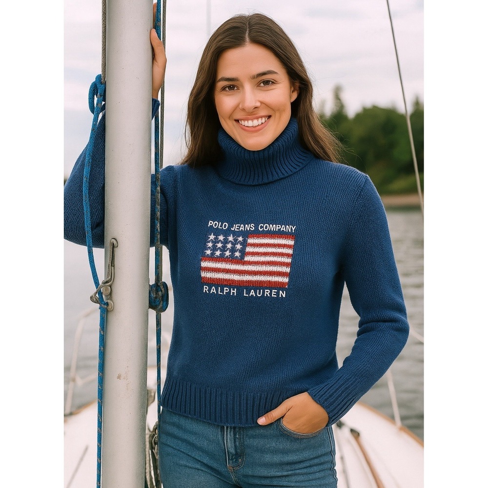Polo Jeans Company Ralph Lauren Womens L Blue Knit Flag Turtleneck Sweater USA